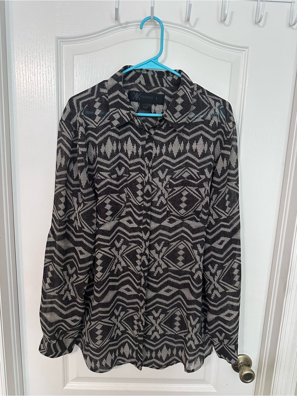 Kollection Black Geometric Sheer Button Down Blouse L